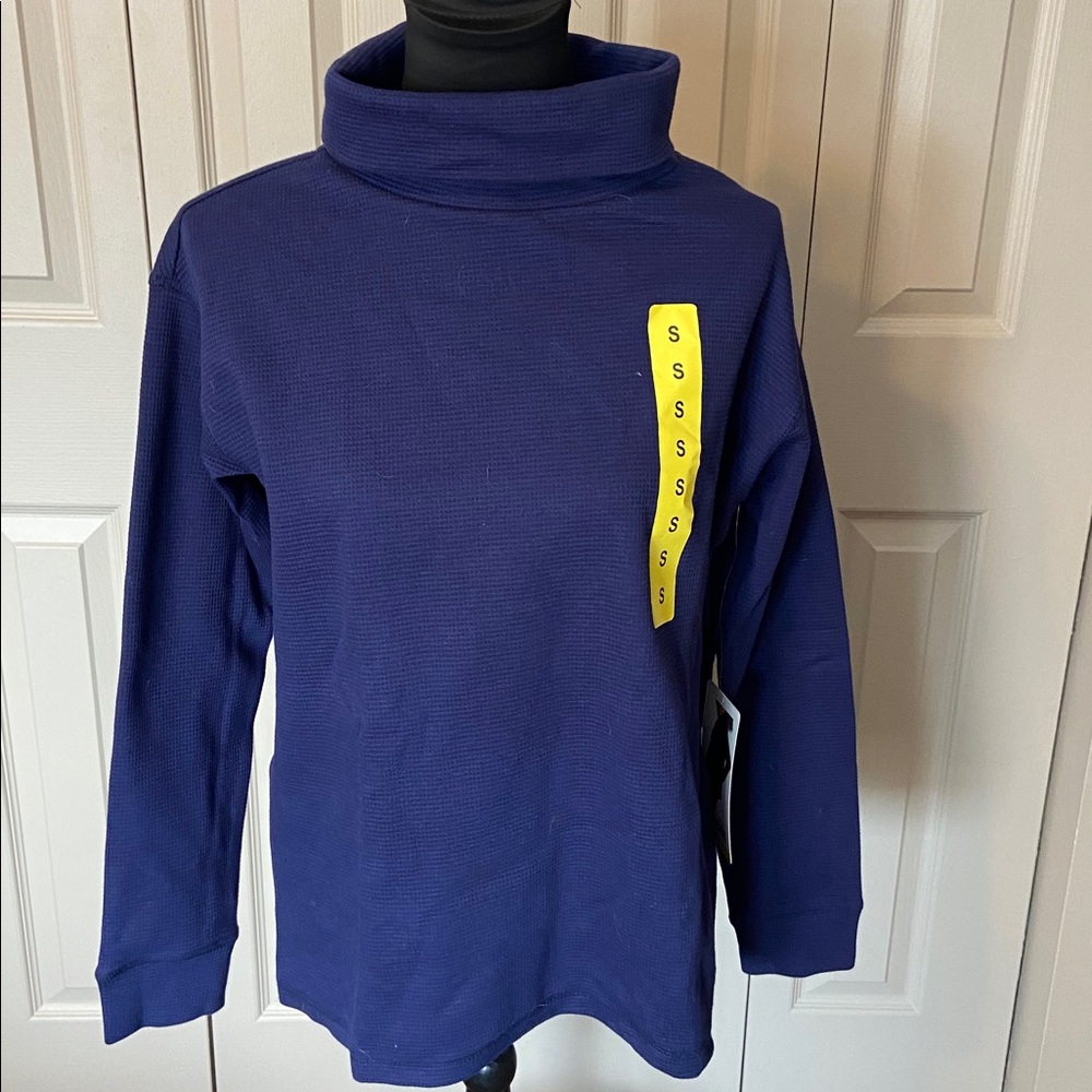 Lands' End NWT Blue Waffle Knit Funnel Neck Long Sleeve Top Women's Size Small